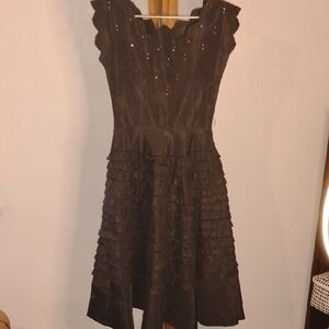 Vintage 1960s Toni Todd Original Black Midi Dress Bedazzled Ruffled Fit Flare